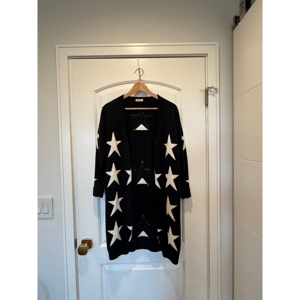 Eall.cz 100% Wool Star‎ Cardigan Duster Sweater Open Front Knit Cozy Black White